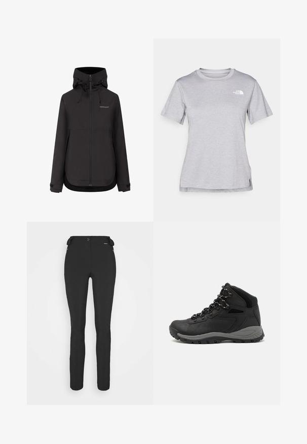 Giacca impermeabile nera Didriksons con cappuccio, cerniera frontale, polsini regolabili e cordini sul cappuccio.; T-shirt grigio a maniche corte realizzato in morbido tessuto traspirante. Presenta un collo tondo e un piccolo logo bianco nella parte superiore sinistra.; Pantaloni neri aderenti realizzati in materiale flessibile. Presentano una tasca laterale con zip, ginocchia articolate e una texture liscia.; Stivale da trekking nero con design a metà altezza, dotato di una tomaia texturizzata, accenti grigi e suola in gomma resistente con tasselli per la trazione.
