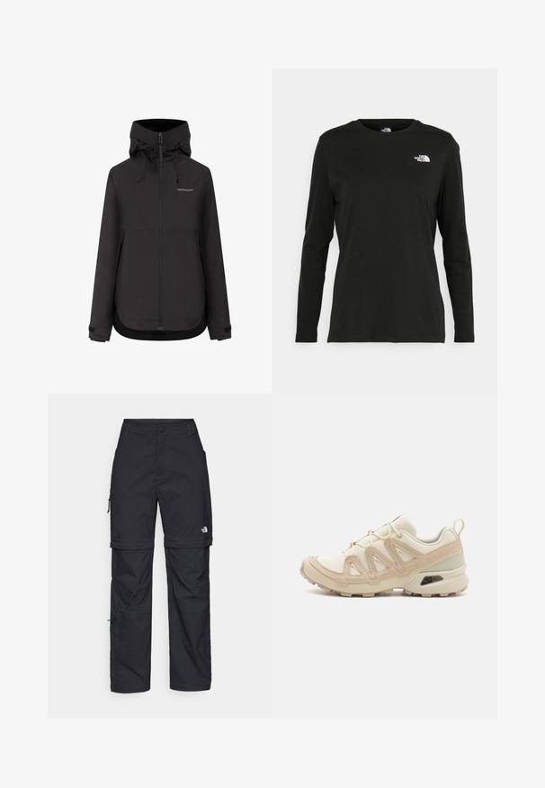 Schwarze wetterfeste Kapuzenjacke von Didriksons mit Frontreißverschluss, verstellbaren Bündchen und Kordelzügen an der Kapuze.; Schwarzes Langarm-T-Shirt aus Baumwolle mit Rundhalsausschnitt. Verfügt über ein kleines weißes Logo auf der linken Brustseite. Einfaches Design und Passform.; Schwarze Nylon-Zip-Off-Cargohosen mit verstellbaren Bündchen, mehreren Taschen und einem Logo am rechten Bein. Glatte, leichte Textur.; Beige und cremefarbenen Sportschuh mit strukturiertem Mesh-Obermaterial, unterstützenden Überzügen und Gummisohle mit einem Profilmuster für Bodenhaftung.