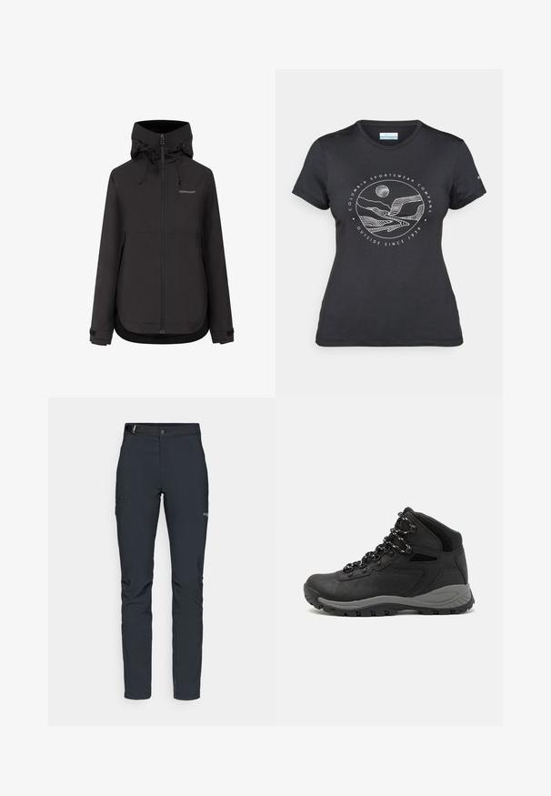 Crna Didriksons vodootporna jakna s kapuljačom, prednjim patentnim zatvaračem, podesivim manšetama i vezicama na kapuljači.; Crna Columbia majica s bijelim kružnim crtežom planine i rijeke te natpisom "Columbia Sportswear Company Outside Since 1938."; Muške outdoor hlače, tamno sive boje, izrađene od fleksibilnog materijala, s remenom, džepovima na patentni zatvarač i ojačanim šavovima.; Crne planinarske čizme s dizajnom srednjeg vrha, sa teksturiranim gornjim dijelom, sivim akcentima i izdržljivom gumom potplatom s uzorkom za prianjanje.