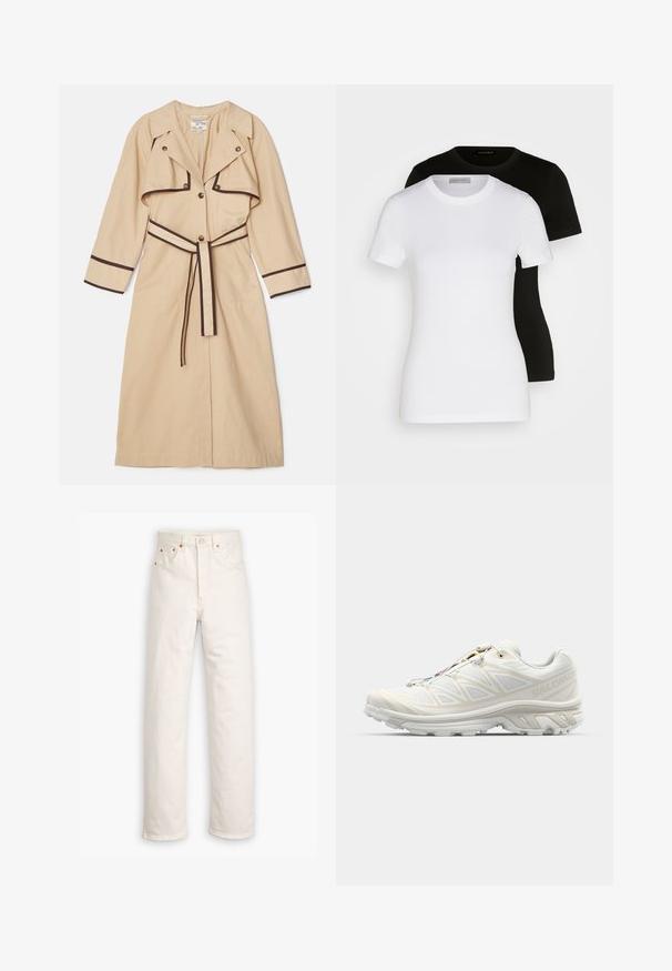 Béžový trench coat s tmavě hnědými akcenty, s dvouřadým zapínáním, širokým límcem a zavázaným pasovým opaskem. Dlouhé rukávy a střední délka.; Dvé trička s krátkým rukávem v černé a bílé barvě. Vyrobena z hladké bavlny, mají klasický kulatý výstřih a standardní střih.; Bílé džíny z denimu se střihovým designem rovné nohy, styl pěti kapes a měděné detaily. Konec nohavic se surovým lemem.; Bílé běžecké boty s prodyšným síťovým svrškem, texturovanými detaily a polstrovanou podrážkou. Obsahují rychlou šněrovací systém pro snadné obutí.