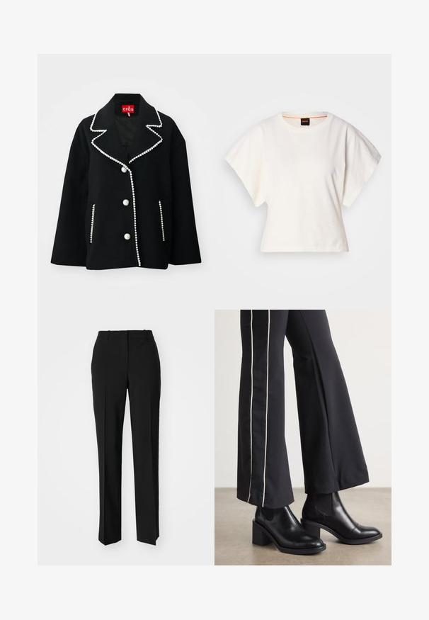Black wool-blend jacket with pearl-like buttons, contrasting white trim along the collar and pockets, and a relaxed silhouette.; White cropped T-shirt, short wide sleeves, soft cotton material, round neckline with subtle orange trim, minimal design, no patterns or graphics.; Black tailored trousers with a straight-leg design, featuring a smooth texture and crisp creases along the front. No visible hardware.; Black leather ankle boots with a block heel, featuring elastic side panels. Paired with black pants that have a white side stripe.