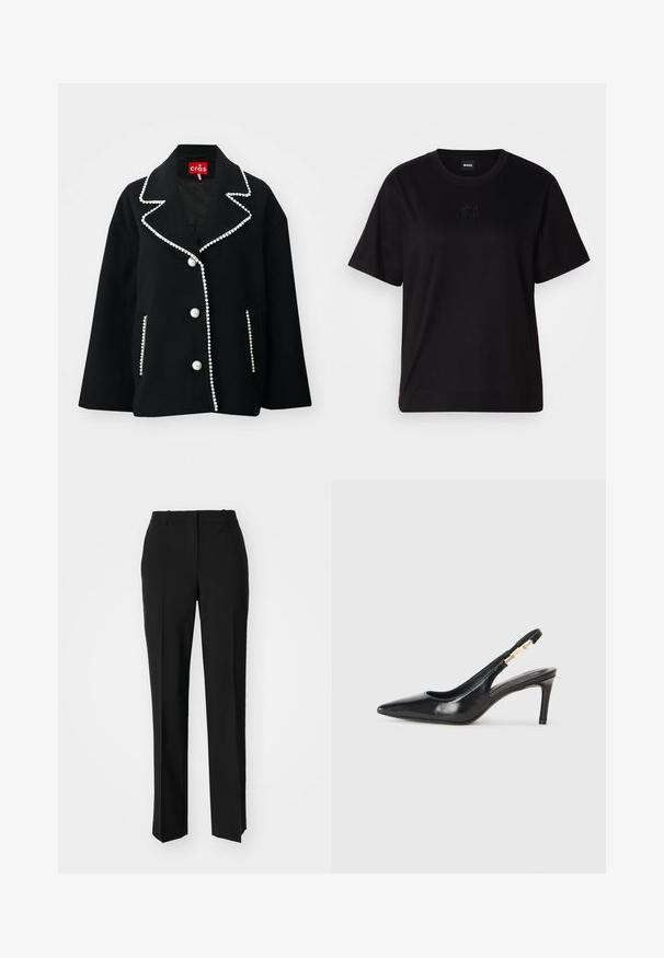 Black wool-blend jacket with pearl-like buttons, contrasting white trim along the collar and pockets, and a relaxed silhouette.; Black cotton t-shirt with a crew neckline, short sleeves, and an embroidered logo on the chest. Simple, relaxed fit with no patterns.; Black tailored trousers with a straight-leg design, featuring a smooth texture and crisp creases along the front. No visible hardware.; Black leather slingback high-heeled shoe with a pointed toe, smooth texture, and a narrow ankle strap featuring gold hardware accents.