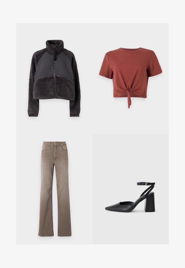 Jachetă scurtă de culoare gri închis, cu un corp din fleece și panouri din material neted. Include un guler înalt și buzunare frontale cu fermoar.; Tricou scurt, de culoare ruginită, din bumbac moale, cu mâneci scurte și un detaliu nodat în față. Textură netedă, decolteu rotund.; Jeans maro cu talie înaltă, drept, cu buton frontal, bucle pentru curea și design clasic cu cinci buzunare, pe un fundal alb.; Pantofii cu toc ascuțit din piele neagră, cu breteaua pentru glezne și toc gros. Textură netedă, design elegant și estetică minimală.