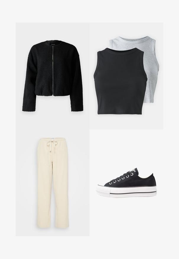 Mustamoodne lühikeste varrukatega jope, mis on valmistatud tekstuurilisest ja karvaseks muutuvast kangast. Omab ümmargust kaelust ja esi lukkude, koos pikkade, lõtvade varrukatega.; Even&Odd Petite 2 PACK - Topp - light grey/black; Even&Odd Petite Püksid - beige; Mustkunst sünnil varrega mustad keedekad, valge kummine tald, ümmargune ninaosa, madal disain, metallist silmadega ja tekstureeritud ninaosa. Peen must riba taldadel.