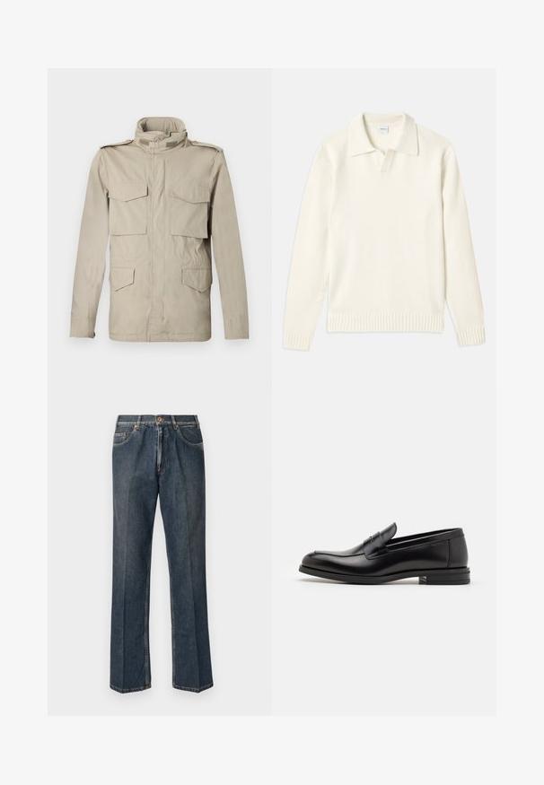 Veste militaire beige avec un col haut, quatre poches avant et des épaulettes. Le tissu est lisse avec une texture légère.; Pull en tricot de couleur crème avec un col polo, des poignets et un ourlet côtelés, comportant une patte de boutonnage sur le devant et une texture douce.; T-shirt à manches courtes bleu marine avec le texte blanc "neanche per sogno" centré sur la poitrine, col rond, taille moyenne.; Jeans en denim droit bleu foncé avec un bouton à l'avant, une fermeture éclair, deux poches avant et des plis verticaux visibles le long des jambes.; Mocassins en cuir noir avec une texture lisse, bout rond et une sangle décorative sur le dessus. Talon bas empilé, design minimaliste.