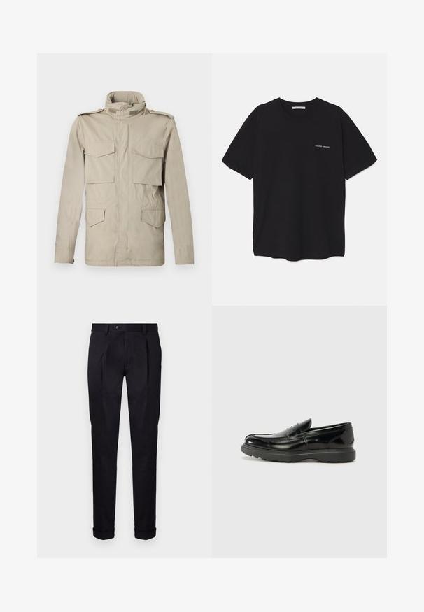 Beżowa kurtka wojskowa w stylu z wysokim kołnierzem, czterema frontowymi kieszeniami i naramiennikami. Materiał jest gładki i lekki.; Czarny bawełniany T-shirt z okrągłym dekoltem, krótkimi rękawami i białym nadrukiem logo na lewej piersi. Prosty, jednolity kolor.; Dopasowane czarne spodnie wykonane z gładkiego materiału, z płaskim przodem, dwoma przodu fałdami i mankietami dla schludnego, zorganizowanego wyglądu.; Czarne skórzane mokasyny o błyszczącym wykończeniu, zaokrąglonym nosku, subtelnych detalach szycia i grubym gumowym spodzie dla trwałości.