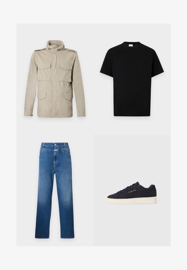 Giacca beige in stile militare con colletto alto, quattro tasche frontali e spalline. Il tessuto è liscio e leggero.; T-shirt in cotone nero con scollo rotondo, maniche corte e taglio dritto. Nessun motivo visibile o dettagli hardware.; Jeans in denim blu con una vestibilità dritta, dotati di chiusura con bottone, passanti per la cintura e leggeri sbiancamenti sulle cosce.; Sneaker bassa in suede blu navy con suola bianca, lacci blu navy e logo "Filling Pieces" in oro sul lato.