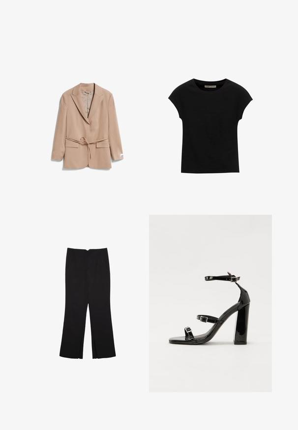 Blazer beige con design su misura, maniche lunghe, colletto a punte, cintura in vita e due tasche anteriori. Tessuto morbido con una leggera lucentezza.; T-shirt nera a maniche corte realizzata in tessuto morbido, con scollatura rotonda e vestibilità comoda, caratterizzata da una texture liscia e senza pattern.; Pantaloni neri a gamba dritta, con tasche frontali e spacchi laterali all'orlo. Realizzati in tessuto morbido e liscio. Adatti a diverse occasioni.; Sandali con tacco in vernice nera, con punta squadrata, cinturini alla caviglia e fibbie in argento. Presentano un tacco a blocco spesso per maggiore stabilità.