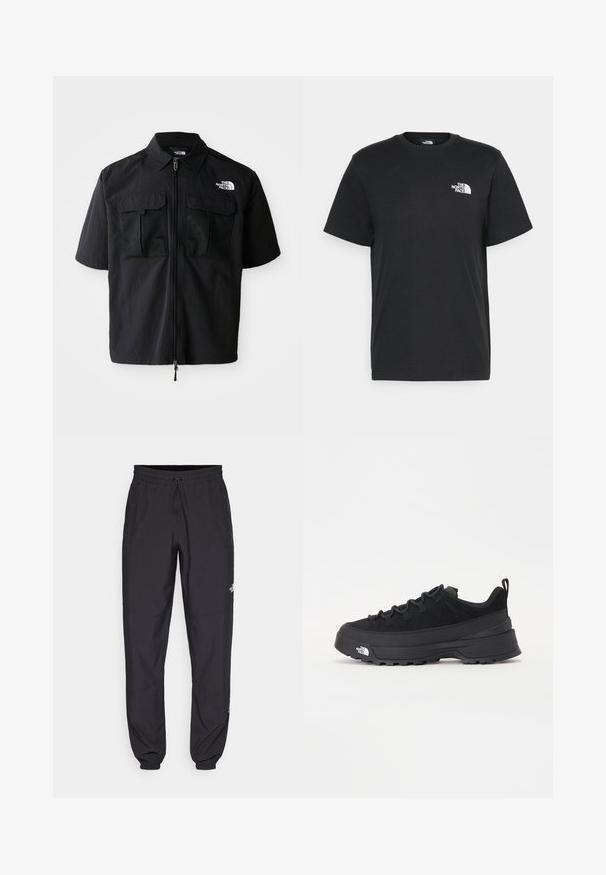 Kortermet svart skjorte med glidelås foran, to nett-brystlommer og en logo på venstre side. Laget av lett, teksturert stoff.; Svart bomull t-skjorte med korte ermer, rund hals og en liten hvit logo på venstre bryst. Enkel design, glatt tekstur og avslappet passform.; Sorte idrettsbukser laget av lett stoff, med snor i livet, sidelommer og smale mansjetter ved anklene.; Svart utendørs sneakers med overdel i semsket skinn, teksturert gummisåle og solid snøresystem. Har forsterket hæl og merkevarelogo på siden.