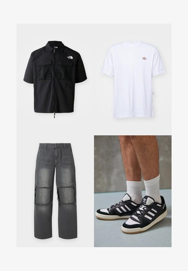 Short-sleeve black shirt with a front zipper, two mesh chest pockets, and a logo on the left side. Made from lightweight, textured fabric.; White cotton t-shirt with a v-neck and short sleeves. Features a small colorful embroidered logo on the left chest. Soft texture.; Gray denim pants with a relaxed fit, featuring frayed knee patches, contrasting stitching, and a small logo on the side.; Black and white sneakers with a suede and leather upper, featuring three white stripes, a perforated toe, and a gum rubber sole.