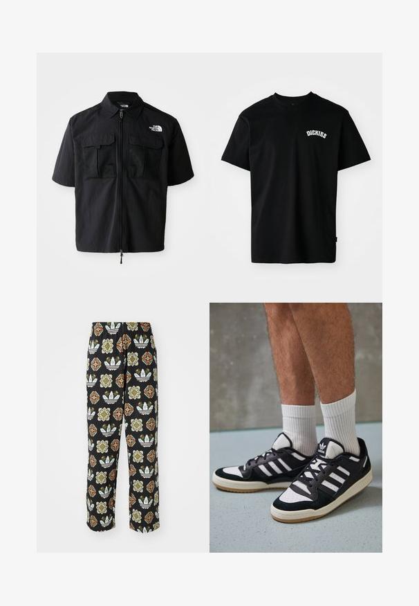 Črna majica s kratkimi rokavi z sprednjim zadrgo, dvema mrežastima žepoma na prsih in logotipom na levi strani. Narejena iz lahkega, teksturiranega materiala.; Črna bombažna majica s kratkimi rokavi in krožnim ovratnikom. Ima belo ukrivljeno pentljo "DICKIES" na prsih. Preprost dizajn, brez vzorcev.; Črne hlače z zapletenim vzorcem različnih oblik, vključno s cvetličnimi motivi in črtami v oranžni, zeleni in beli barvi.; Črno-bele superge z zgornjim delom iz usnja in nubuka, ki imajo tri bele črte, perforiran vrh prstov in podplat iz gume.