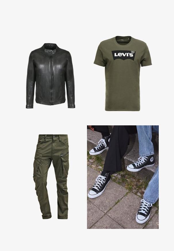 Zwarte leren jas met een omhoogstaand kraag, ritssluiting aan de voorkant en lange mouwen. Gladde textuur en aansluitend ontwerp. Geen zichtbare hardwareaccenten.; Olijfgroen katoenen T-shirt met een groot zwart Levi's-logo op de voorkant. Klassieke ronde hals en korte mouwen, gladde textuur.; Olijfgroene cargobroek gemaakt van stevig katoen. Beschikt over meerdere zakken, een met rits afgesloten zijzak en taps toelopende pijpen met een licht getextureerde afwerking.; Zwarte canvas sneakers met hoge schacht, witte rubberen zolen en veters, met een cirkelvormig logo aan de zijkant, gecombineerd met denim en zwarte broeken.