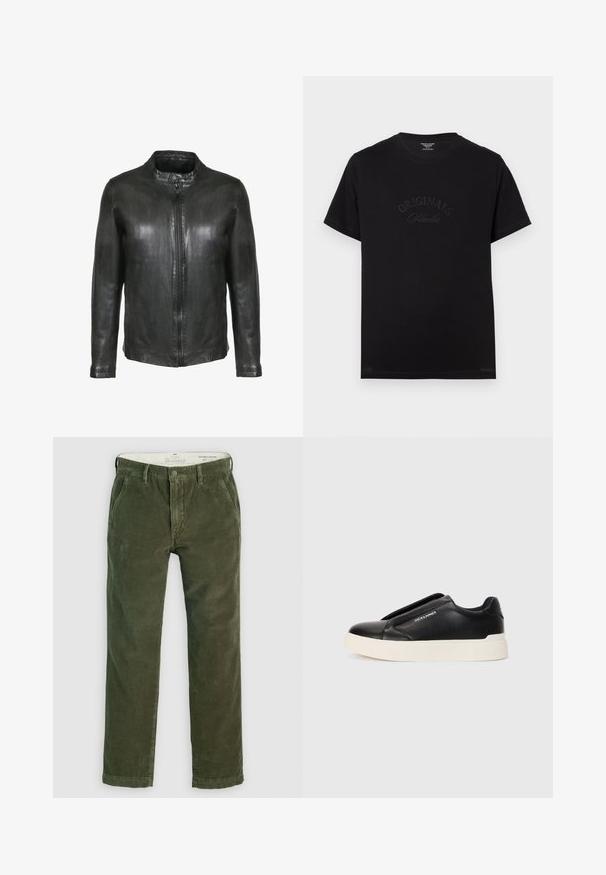 Černá kožená bunda s postaveným límcem, předním zipem a dlouhými rukávy. Hladká textura a přiléhavý design. Žádné viditelné kovové doplňky.; Černé bavlněné tričko s krátkým rukávem a kulatým výstřihem. Na přední straně je vystouplý nápis "ORIGINALS Studio" v tonálním písmu.; Olivově zelené manšestrové chinos kalhoty se střihy rovného nohavice, s předními kapsami, zapínáním na knoflík a texturovanou látkou po celé ploše.; Černé nazouvací tenisky s texturovaným koženým svrškem, bílou gumovou podrážkou a bez viditelných tkaniček. Na boku se nachází logo značky.