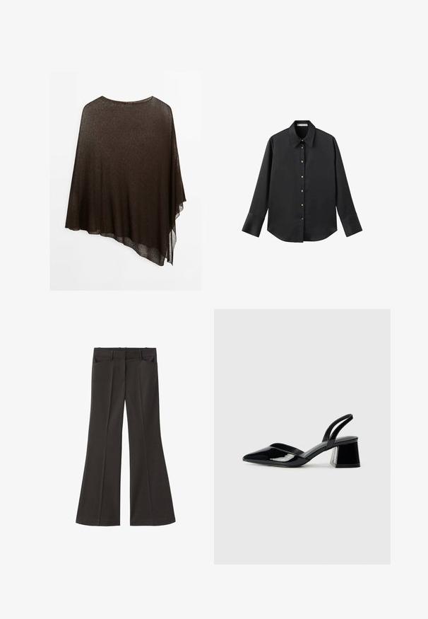 Brun gennemsigtig poncho med asymmetrisk kant, let vævning, bred halsudskæring og flydende design til draperet brug.; Sort langærmet skjorte i glat stof, med klassisk krave, frontlukning med guldtonede knapper og brede manchetter.; Sorte flagrende bukser med høj talje; har to forlommer og en glat stofstruktur. Egnet til forskellige anledninger.; Sorte patentlæder slingback hæle med spids tå og en geometrisk blok hæl. Har et elegant, minimalistisk design og en glat tekstur.