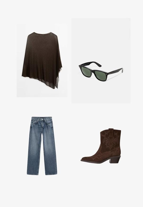 Brun gennemsigtig poncho med asymmetrisk kant, let vævning, bred halsudskæring og flydende design til draperet brug.; Mørkegrøn, ribbet T-shirt med korte ærmer, rund halsudskæring og en fem-knap plade ned foran. Blød tekstur og minimalistisk design.; Højtaljede brede ben jeans i mellemblå denim med en falmet finish, fem lomme-design og sølvfarvet knaplukning.; Brune ruskinds cowboystøvle med spids tå, dekorative syninger, ankelhøjde og en stablet hæl. Har en pull tab for nem påtagning.; Sorte plastiksolkaber med grønne linser, firkantede stel, sølvaccent på brynene og teksturerede templede arme. Angivet mærke på den indre arm.