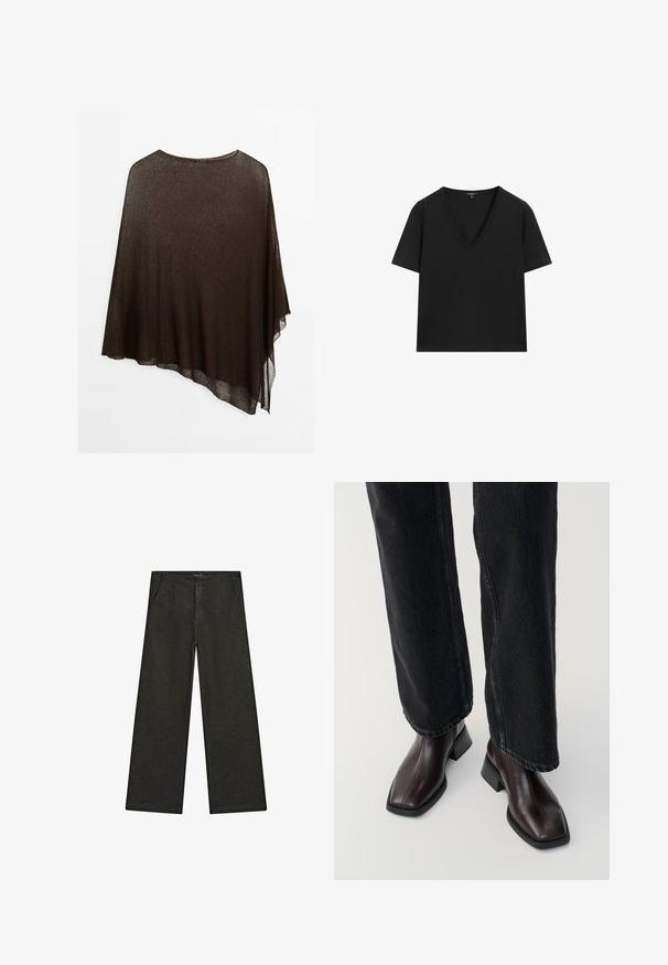 Hnědý průsvitný pončo s asymetrickým spodním lemem, lehkou texturou, širokým výstřihem a volným designem pro nošení s drapérií.; Černé tričko s krátkým rukávem a výstřihem do V s jednoduchým, přiléhavým designem na bílém pozadí.; Široké černé džíny s středním pasem, dvěma předními kapsami a čistým, minimalistickým designem bez viditelných ozdob.; Hnědé kožené kotníkové boty se čtveratým špičkou a širokým podpatkem, kombinované s černými širokými riflovými kalhotami. Hladká textura a minimalistický design.
