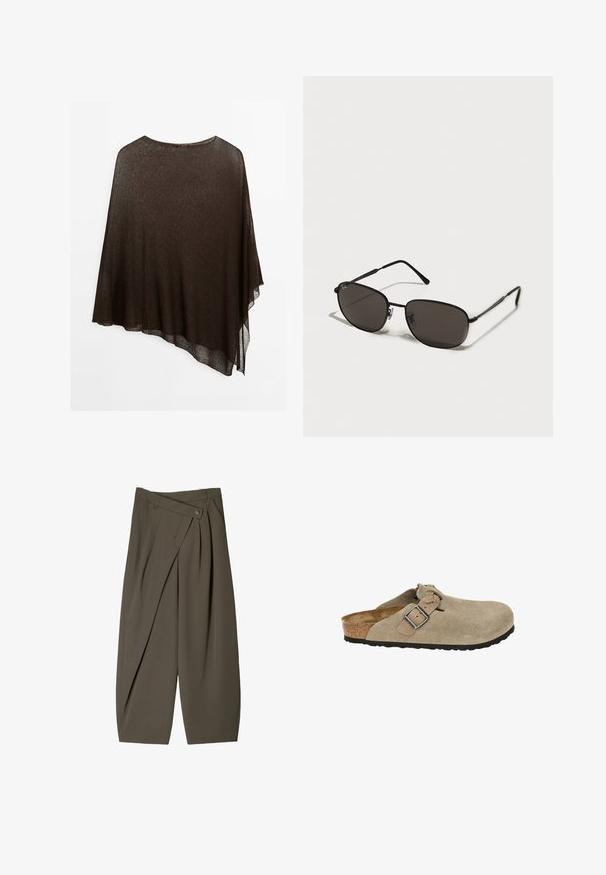 Brauner transparenter Poncho mit asymmetrischem Saum, leichtem Material, weitem Halsausschnitt und fließendem Design für ein drapiertes Tragen.; Schwarzes, ärmelloses Crop-Top aus glattem Stoff. Hat dünne Spaghetti-Träger und einen runden Halsausschnitt, mit einer taillierten Passform.; Weite Hose aus dunkelolivgrünem Stoff mit einem gefältelten Vorderdesign, einem Knopfverschluss und einer glänzenden, strukturierten Oberfläche.; Beige Wildledersandalen mit abgerundeter Zehenpartie, verstellbarem Riemen und Schnalle, Korkzwischensole und strukturiertem schwarzen Gummisohle für besseren Halt.; Schwarze Metal-Sonnenbrille mit ovalen Rahmen, dunklen Gläsern, schlanken Bügeln und einem dezenten Logo auf dem linken Glas. Elegantes, minimalistisches Design.