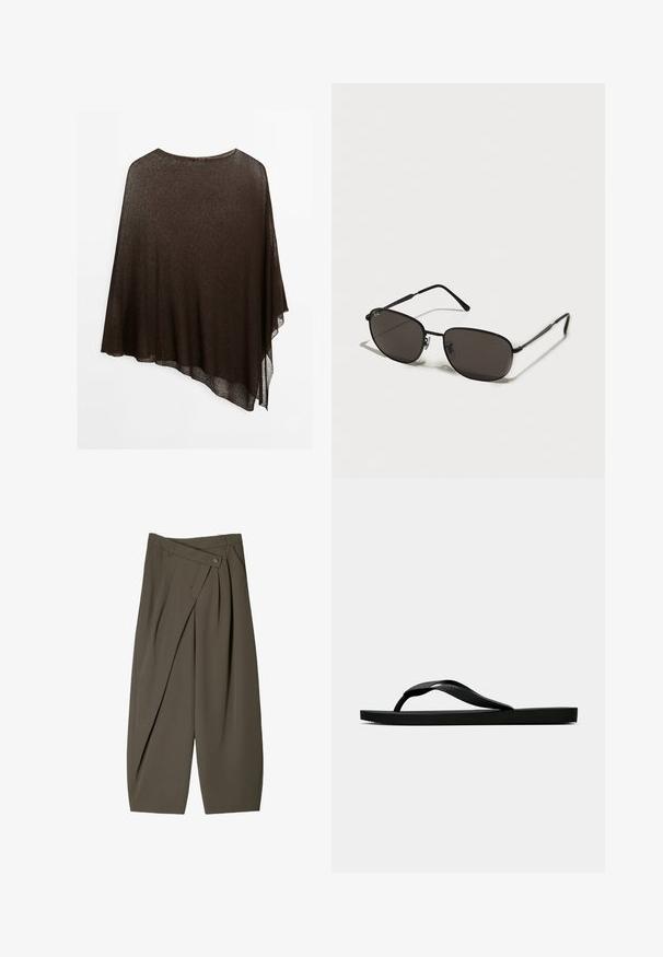 Poncho trasparente marrone con orlo asimmetrico, tessuto leggero, scollo ampio e design fluido per un indossare drappeggiato.; Top corto senza maniche di colore nero, realizzato in tessuto liscio. Presenta sottili spalline a spaghetto e un collo a barco, con una vestibilità aderente.; Pantaloni larghi in tessuto verde oliva scuro, con un design frontale plissettato, chiusura con bottone e una superficie lucida e strutturata.; Infradito in gomma nera con cinturino testurizzato e suola piatta semplice, mostrati di lato su uno sfondo chiaro e uniforme.; Occhiali da sole neri in metallo con montatura ovale, lenti scure, aste sottili e un logo discreto sulla lente sinistra. Design elegante e minimalista.