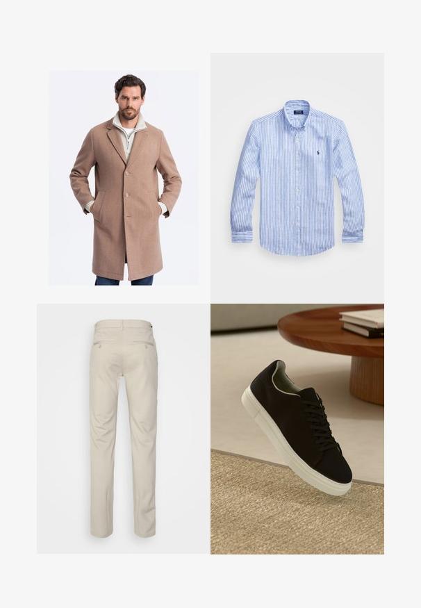 Abrigo de lana marrón claro con un corte entallado, botones de un solo pecho, bolsillos laterales y una capa interior blanca con textura y cremallera.; Camisa de manga larga a rayas azul y blanca hecha de algodón, con cuello de botón, botones en el frente y un pequeño logo bordado en el pecho.; Pantalones beiges con una textura suave, corte recto, dos bolsillos traseros con botones y una cinturilla estándar.; Zapatilla negra con suela blanca flotando sobre una alfombra texturizada beige cerca de una mesa redonda de madera con libros apilados.