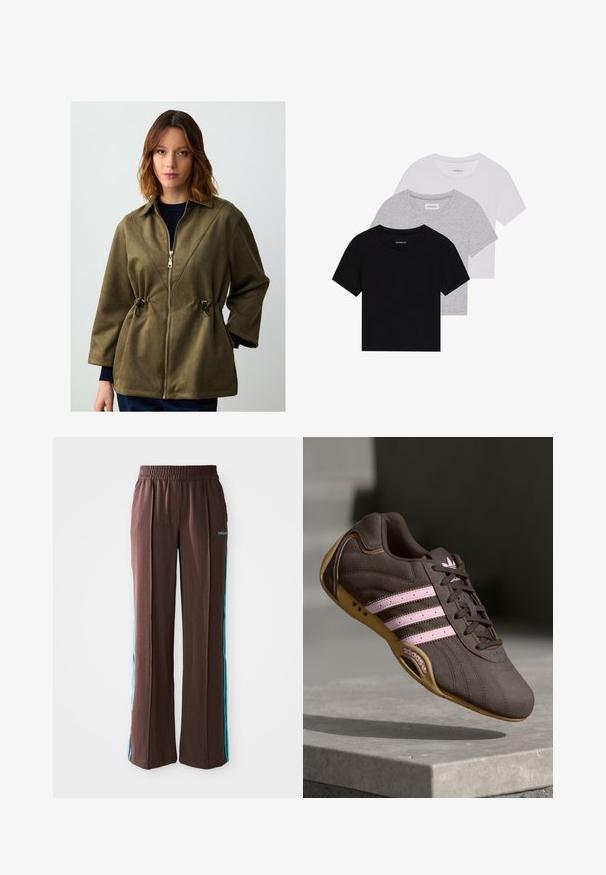 Zielona kurtka z sztucznego zamszu z zamkiem błyskawicznym, kołnierzem, ściągaczem w talii i szerokimi rękawami. Posiada kontrastujące szwy i gładką teksturę.; Zestaw trzech koszulek z krótkim rękawem w kolorze czarnym, szarym i białym. Wykonane z bawełny, z okrągłym dekoltem i prostym, jednolitym wzorem.; Brązowe spodnie sportowe o ribbowanej fakturze, z elastycznym pasem i turkusowymi paskami po bokach. Posiadają logo adidas z przodu.; Brązowy zamszowy but sportowy z różowymi paskami i logo, z teksturowaną cholewką, sznurowaniem i gumową podeszwą.