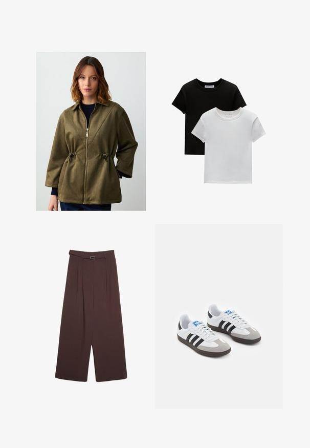 Zielona kurtka z sztucznego zamszu z zamkiem błyskawicznym, kołnierzem, ściągaczem w talii i szerokimi rękawami. Posiada kontrastujące szwy i gładką teksturę.; Dwie koszulki z okrągłym dekoltem w kolorze czarnym i białym, wykonane z bawełny. Posiadają krótkie rękawy i jednolity kolor bez wzorów czy akcentów.; Stradivarius - Spodnie materiałowe; Buty sportowe z białą skórzaną cholewką, szarym zamszowym noskiem i trzema czarnymi paskami. Posiadają niebieskie logo na języku oraz teksturowaną gumową podeszwę.