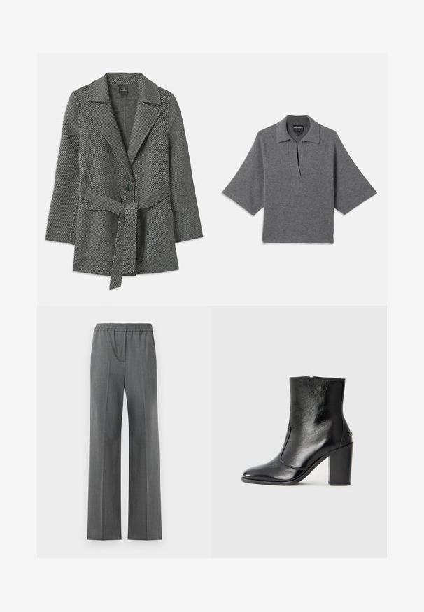 Casaco cinza com padrão em espinha de peixe, gola dentada, fecho de um único botão e um cinto correspondente na cintura. Tecido de textura suave.; Pulôver cinza de malha com colarinho, decote meio aberto e mangas largas. Textura suave e silhueta descontraída para conforto.; Calças cinzas de perna larga com um cós elástico, feitas de um tecido texturizado com um padrão de entrelaçado subtil.; Bota ankle preta em pele com uma textura suave, bico fino e um salto alto robusto. Apresenta uma abertura lateral e um design minimalista.