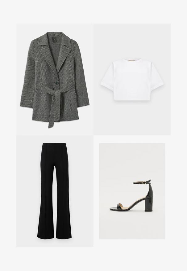 Pelēks zigzag raksta mētelis ar izdarinātu apkakli, vienu pogu un saderīgu jostu viduklī. Mīksta tekstūra.; Izgriezta balta T-krekla no mīksta auduma, ar īsām piedurknēm, apaļu apkakli un ribota apakšmala. Vienkāršs un neizpušķots dizains.; Melnas platas bikses ar augsto jostasvietu, izgatavotas no elastīga auduma. Satur vertikālas šuvju detaļas priekšpusē un gludu tekstūru.; Melnas patentā ādas sandales ar platām papēžiem, atvērtu purngalu un potītes siksniņu ar zelta sprādzi. Gluda tekstūra un elegants dizains.