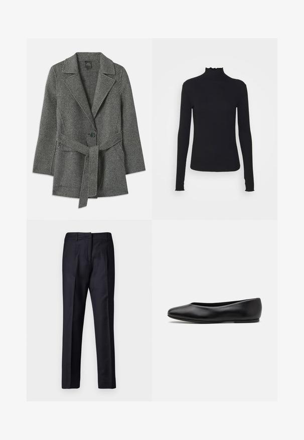 Sivkasta plašč z vzorcem ribje kosti, z izrezanim ovratnikom, zapiranjem na eno gumb in usklajenim pasom v pasu. Mehka teksturirana tkanina.; Črn dolg rokav turtleneck zgornji del iz gladkega materiala, ki se ponaša z nabranim ovratnikom in prilegajočim silhueto s preprostimi robovi.; Mornarske krojene hlače z gladko teksturo, z ravnim sprednjim delom, dvema nabirmama in zankami za pas. Ravnokrojene hlače z končanim robom.; Paul Smith TOPANGA - Balerinke - black