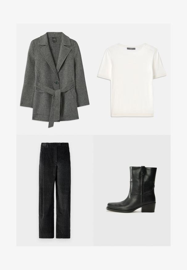 Sivý kabát s vzorom herringbone, s výrezovým golierom, jedným gombíkom na zapínanie a zodpovedajúcim pásom v páse. Mäkká textúrovaná látka.; Biele krátke rukávy pletené tričko s okrúhlym výstrihom, ktoré má jemnú textúru a nenápadné rebrované detaily na rukávoch a leme.; Čierne, textúrované nohavice s širokými nohavicami a výrazným tkaním, s prednými skladmi a plochým pásom. Klasický dizajn pre všestrannosť.; Čierne kožené členkové topánky s okrúhlou špičkou, blokovým podpätkom, bočným zipsom a prešívaním na priehlavku. Hladká textúra, klasický dizajn.