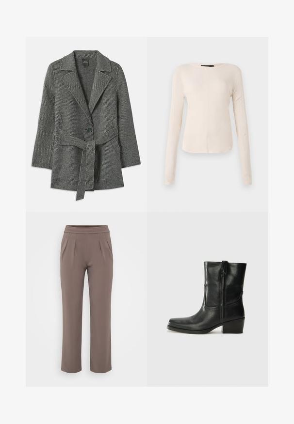 Šedý kabát s herringbone vzorem, s klopovým límcem, zapínáním na jeden knoflík a odpovídajícím páskem v oblasti pasu. Měkká texturovaná tkanina.; Dlouhý rukáv, světle béžový top s kulatým výstřihem. Vyrobeno z jemné látky, má středový šev a mírně zaoblený lem. Bez viditelné kovové úpravy.; Taupe volné kalhoty s elastickým pasem a předními záhyby, vyrobené z hladkého materiálu.; Černá kožená kotníková bota s kulatou špičkou, blokovým podpatkem, bočním zipem a prošíváním na svršku. Hladký povrch, klasický design.