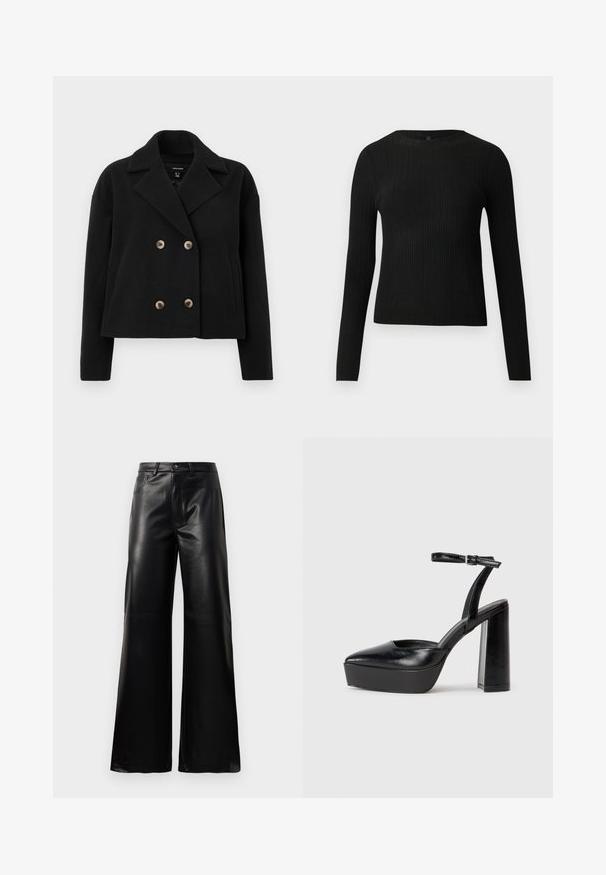 Svart dobbeltradet jakke laget av en blanding av ull, med store beige knapper, utsvinget krage og sidelommer, med et kort design.; Svart ribbestrikket langermet tettsittende genser med rund hals, vist mot en ensfarget lys bakgrunn.; Sorte høy midje vide ben bukser i imitert skinn med knapp foran, glidelås, beltehemper og sidelommer på hvit bakgrunn.; Sorte plattformhelter med spiss tå og justerbar ankelrem. Laget av glatt lær, med en robust blokkhel.
