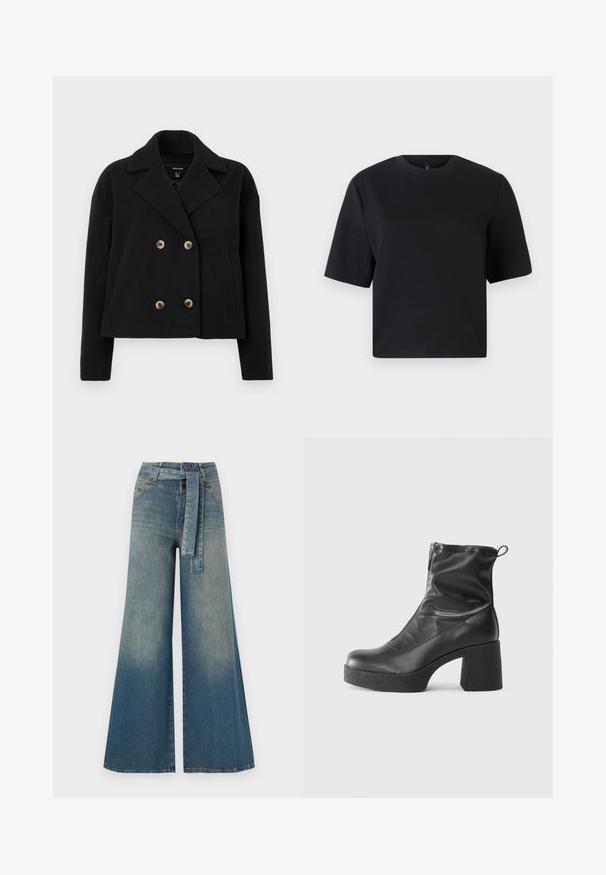 Mustast kahekordse nööbiga villasegust särk, milles on suured beežid nööbid, lõhiku kaelus ja küljetaskud, millel on lühendatud disain.; Musthave lühikeste käistega must T-särk, ümar kaelus, valmistatud siledast puuvillast kangast; lõdva lõikega, minimaalne disain, ilma nähtavate mustrite või aktsentideta.; Laiad denimpüksid, millel on hele tume sinine gradiendiefekt, kõrge vöökoht, vöökumlid ja sobivast kangast vöö. Struktureeritud denimi viimistlus.; Mustad mustad ansapüksid, mis on valmistatud siledast nahast, külje zipperiga, paksu tekstuuriga kontsaga ja ümmarguse nina disainiga.