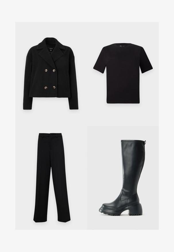 Black double-breasted jacket made of wool blend, featuring large beige buttons, a notched collar, and side pockets with a cropped design.; Black short-sleeve t-shirt with a round neckline, crafted from soft cotton fabric. Simple design, no visible logos or patterns.; Black wide-leg trousers made of smooth fabric, featuring a classic waistband with a button closure and front pleats.; Tall black leather boot with chunky platform sole and block heel, featuring pull tab and textured tread on outsole.
