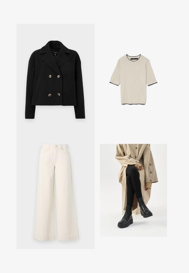 Schwarze, doppelt-knöpfte Jacke aus Wollmischung, ausgestattet mit großen, beigen Knöpfen, einem geschlitzten Kragen und seitlichen Taschen in einem verkürzten Design.; Kurzärmliges, hellbeiges T-Shirt mit Rundhalsausschnitt und kontrastierenden schwarzen Besätzen am Hals- und Ärmelausschnitt, flach präsentiert.; Weite, hellbeige Jeanshose mit hoher Taille, zwei vorderen Taschen, Knopfverschluss und dezenten Nähten.; Schwarze Lederstiefeletten mit Schnürdetail, erhöhtem Plateau und strukturierten schwarzen Leggings, getragen mit einem hellbeigen Trenchcoat.