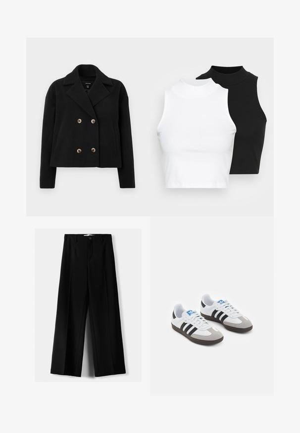 Crni dvoredni sako od vune, s velikim bež gumbima, koledž kragnom i bočnim džepovima u skraćenom dizajnu.; Dvije bezrukavne rebraste majice s visokim ovratnikom u crnoj i bijeloj boji, s prilagođenim dizajnom i glatkom teksturom, te skraćenom dužinom.; Crne široke hlače izrađene od lagane tkanine, s prednjim zatvaranjem na dugme i ravnim prednjim dijelom, sa uredno šivenim rubovima.; Sportske cipele s gornjištem od bijele kože, sivi suedinasti nos i tri crne pruge. Imaju plavi logo na jeziku i teksturiranu gumenu podlogu.