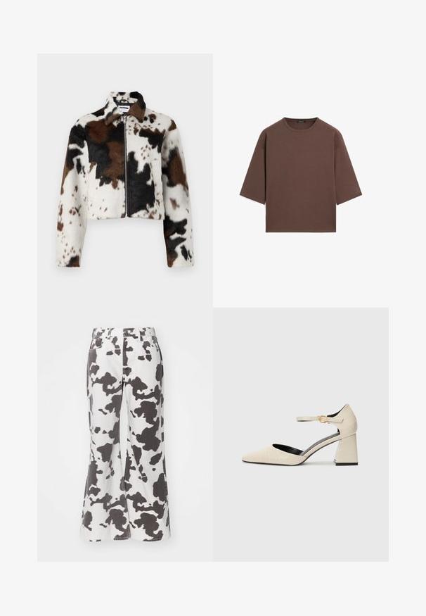 Kort jacka i mjukt tyg med en ko-prickig mönstring i vitt, brunt och svart, med dragkedja fram och krage.; Brun kortärmad t-shirt med rund halsringning, korta ärmar och en mjuk textur. Designad med en avslappnad passform och minimal detaljer.; Uppflutna denimbyxor i vitt med svart ko-mönster. Har fem fickor, bältesöppningar och framknäppning. Strukturen verkar robust.; Beige konstläder klackskor med spetsig tå, ankelrem och subtil krokodilstruktur. Svart innerfoder.
