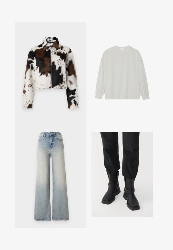 Kort jacka i mjukt tyg med en ko-prickig mönstring i vitt, brunt och svart, med dragkedja fram och krage.; Ljusgrå långärmad t-shirt i mjuk bomull. Har en lös passform, rund halsringning och lätt rynkade ärmslut. Utan mönster eller grafik.; Ljusblå vida jeans gjorda av denim, med hög midja, fem fickor och synlig sömnad längs sömmarna.; Svarta läderankelstövlar med fyrkantig tå, som har ett brett rem och metallspänne som detalj. Stövlarna har en kraftig sula och en slät textur.
