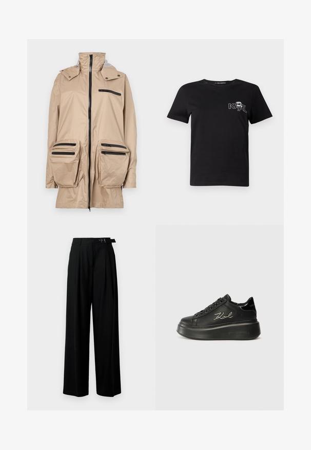 Giacca impermeabile beige con colletto alto, zip frontale e diverse tasche con zip nere sul petto e sui fianchi. Texture liscia.; T-shirt nera a maniche corte in cotone. Presenta una grafica bianca con il testo "KARL" e una figura stilizzata sul petto. Collo rotondo.; Pantaloni neri a gamba larga con vita alta, pieghe nella parte anteriore e una cintura con fibbia. Realizzati in tessuto liscio e leggero.; Sneaker platform neri con tomaia in pelle liscia, lacci piatti e logo "Karl" ricamato di lato. Punta arrotondata e suola spessa.