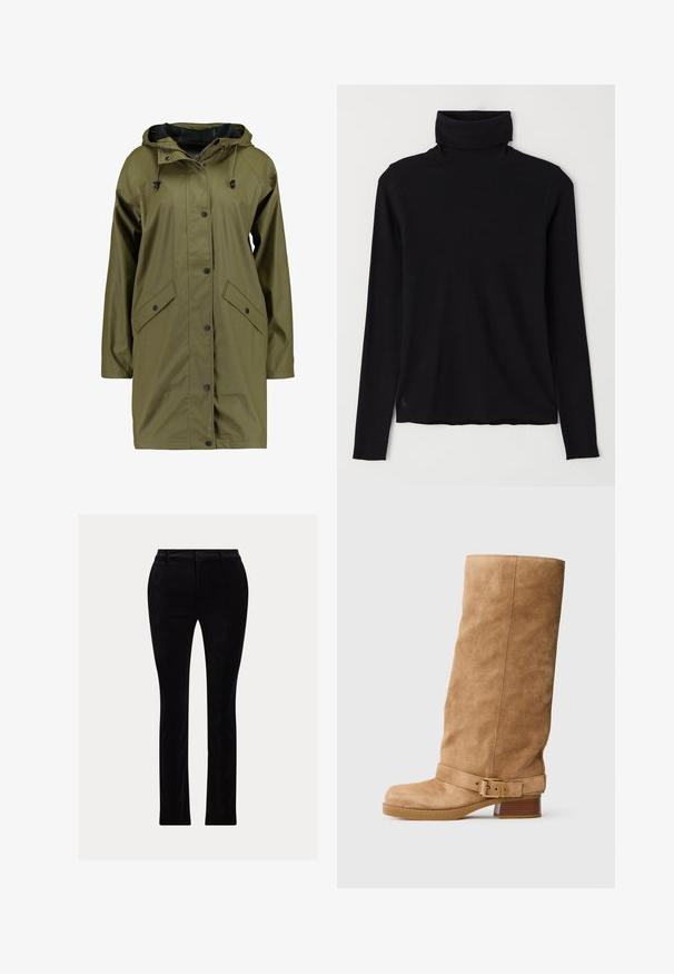 Olíva zöld vízálló esőkabát kapucnival, patent gombokkal, hosszú ujjakkal és két elülső zsebbels. Simább, textúrázott külső felület.; Fekete garbó pulóver bordázott anyagból. Hosszú ujjak, testhezálló forma, és enyhén lazább alj, látható minták vagy fémrészek nélkül.; Fekete nadrág sima, bársonyos anyagból. Testre szabott fazon, egyenes lábbal, hagyományos derékrésszel és övhurkokkal.; Barna velúr, középig érő csizma, alacsony, rakott sarokkal, lekerekített orral és állítható pánttal, arany csattal a boka körül.