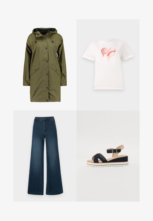 Jachetă de ploaie impermeabilă de culoare verde măsliniu, cu glugă, închidere cu capse, mâneci lungi și două buzunare frontale. Finisaj exterior neted și texturat.; Tricou alb din bumbac cu un grafic în formă de inimă în nuanțe de roz și coral, cu modele abstracte spirale în centru. Mâneci scurte, gât rotund.; Jeans din denim de culoare albastră închisă, cu talie înaltă și picioare largi, cu buzunare frontale și bucle pentru curea, pe un fundal alb.; Sandală bleumarină cu două curele din material textil, curea ajustabilă pentru gleznă și spate texturat bej. Talpă groasă, albă, cu margine zimțată. Marcă imprimată pe curea.