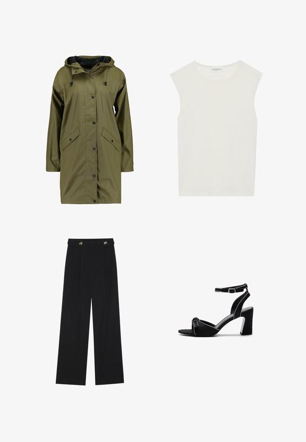 Olíva zöld vízálló esőkabát kapucnival, patent gombokkal, hosszú ujjakkal és két elülső zsebbels. Simább, textúrázott külső felület.; Fehér ujjatlan felső, kerek nyakkivágással. Simább anyagból készült, laza fazonnal és minimalista kialakítással rendelkezik. Nincsenek minták vagy díszítések.; Fekete, bő szárú nadrág magas derékkal, gombos részletekkel a derékrészen és elülső pliszékkal.; Fekete velúr magassarkú szandál széles tömbsarkal, állítható boka hevederrel, nyitott orral és kontrasztos varrással.