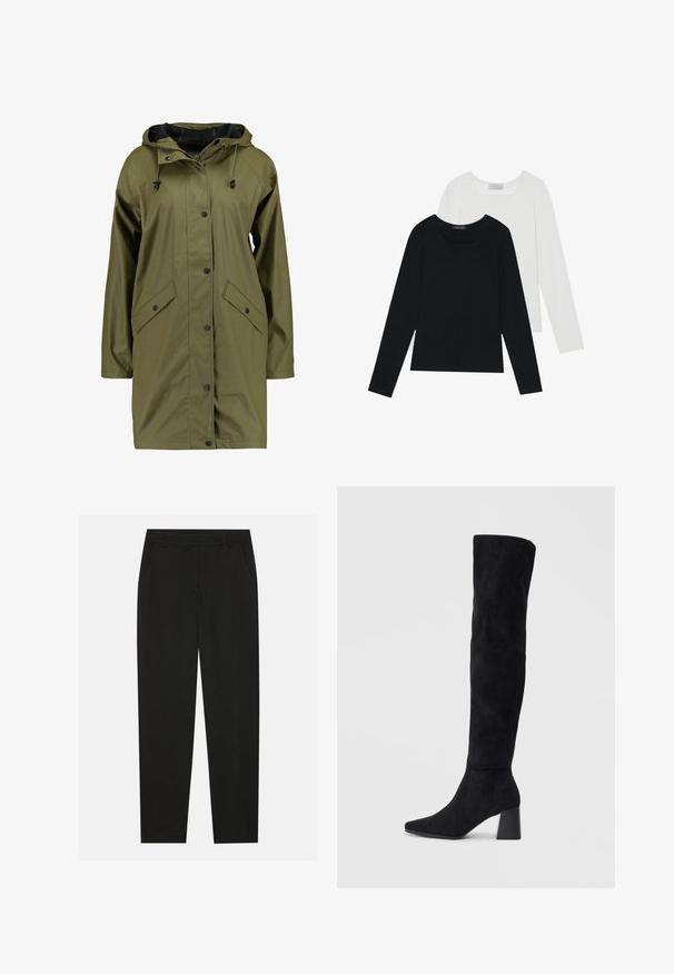 Alyvuogių žalios spalvos neperpučiamas lietpaltis su gobtuvu, užsegimu mygtukais, ilgomis rankovėmis ir dviem priekinėmis kišenėmis. Lygi, tekstūruota išorinė apdaila.; Du suknelės su ilgomis rankovėmis, viena juoda ir viena balta, abi su kvadratiniu iškirpimu ir pagamintos iš minkštos, elastingos medžiagos.; Juodos kelnes su pritaikytu dizainu, turinčios šonines kišenes ir tiesią koją. Pagamintos iš lygaus, lengvo audinio su blizgiu paviršiumi.; Juoda zomšinė kelio ilgio batai su blokuotu kulnu, smailiu nosiu ir lygiu, be siūlių dizainu ant paprastos šviesios fono.