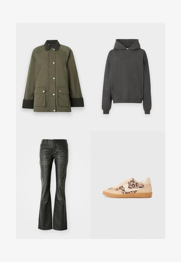 Giacca verde oliva con colletto in velluto a coste, chiusura con bottoni a pressione e due tasche frontali. Presenta polsini costolati e una texture liscia.; Felpa con cappuccio grigio scuro realizzata in materiale morbido, con cappuccio regolabile, polsini a coste e un logo discreto stampato sul davanti.; Jeans svasati neri in ecopelle con tasche frontali, chiusura a bottone metallico e una superficie leggermente tessurizzata. Gamba dritta con taglio lungo.; Sneakers in stampa leopardata con parte superiore in suede beige, suola in gomma color caramello e dettagli bianchi. Punta rotonda e design con lacci, con una finitura testurizzata.