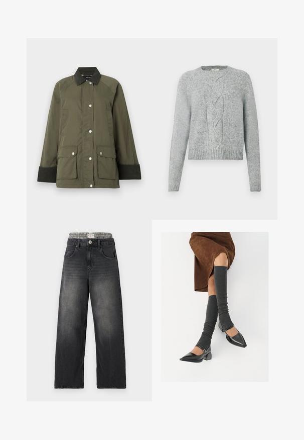 Casaco verde oliva com colarinho de veludo cotelê, fecho de botão de pressão e dois bolsos frontais. Apresenta punhos canelados e uma textura suave.; Sweater de malha cinza claro com mangas longas, gola redonda e padrão de malha em trançado central na frente.; Jeans de ganga largos pretos com uma cintura em padrão pied-de-poule. Inclui bolsos frontais e fecho de botão. Textura desgastada.; Sapatos pretos de pele lacada com biqueira pontuda, salto bloco e tiras no tornozelo, combinados com caneleiras cinzas em malha e uma saia de camurça castanha.