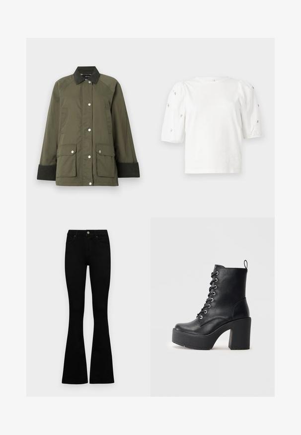 Olive green jacket with a corduroy collar, snap button closure, and two front pockets. Features ribbed cuffs and a smooth texture.; White cotton t-shirt with short puff sleeves, featuring small silver embellishments along the sleeves. Classic round neckline, relaxed fit.; Black high-waist jeans with a button and zip closure, front pockets, and flared legs laid flat on a white background.; Black leather ankle boot with a chunky block heel, lace-up front, and textured surface. Features a tab on the back for easy wear.