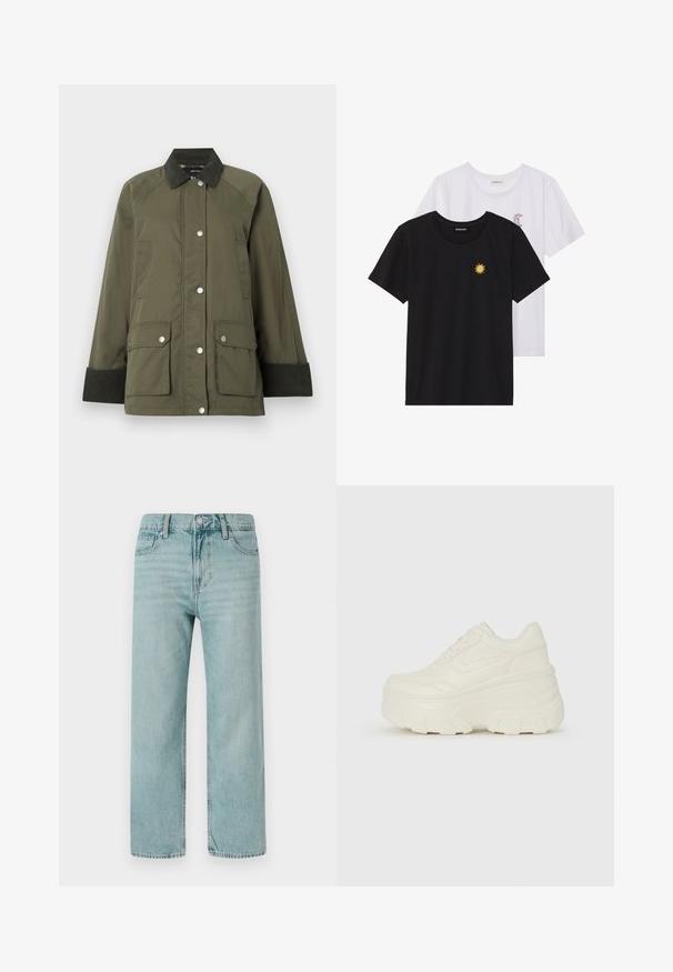 Olivengroene jas met een corduroy kraag, drukknoopsluiting en twee voorzakken. Heeft ribgebreide manchetten en een gladde textuur.; Zwart-witte T-shirts, ronde hals, korte mouwen. Het zwarte shirt heeft gele zon-geborduurde details; het witte shirt heeft een purperen halve maan accent.; Lichtblauwe wijde jeans van denim, met een klassieke vijf-pocketontwerp, strakke lijnen en een normale tailleband met een knoopsluiting.; Witte platform sneakers met een gladde leren bovenkant, afgeronde vorm, gewatteerde kraag en een gestructureerde rubberen zool met duidelijke profiel.