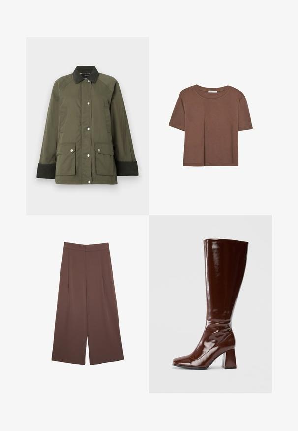 Olivgrüne Jacke mit Cordkragen, Druckknopfverschluss und zwei vorderen Taschen. Verfügt über gerippte Bündchen und eine glatte Textur.; Braunes, kurzärmliges T-Shirt aus weichem Material mit rundem Halsausschnitt und lockerer Passform. Keine sichtbaren Muster oder Akzente.; Braune Weite-Leg-Hosen mit einer glatten Textur, hoher Taille und Vorderfalten. Der Stoff ist leicht und fällt locker.; Knöchelhohe braune Lacklederstiefel mit quadratischer Spitze, glänzender Oberfläche und stabilen Blockabsätzen. Nahtloses Design ohne sichtbare Beschläge.