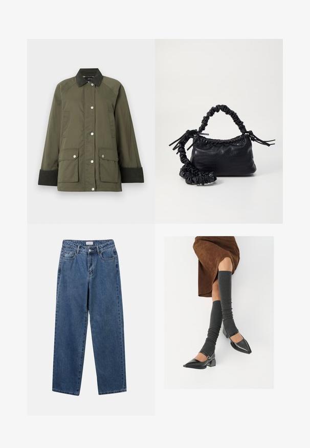 Giacca verde oliva con colletto in velluto a coste, chiusura con bottoni a pressione e due tasche frontali. Presenta polsini costolati e una texture liscia.; YAS YASMILLE - Polo - black/star white; Jeans in denim blu classico con design a gamba dritta, cinque tasche e chiusura con bottone. Presentano un lavaggio medio e una trama robusta.; Scarpe nere in pelle verniciata con punta affilata, tacco a blocco e cinturino alla caviglia, abbinate a scaldamuscoli grigi a coste e una gonna in suede marrone.; Borsa a tracolla in ecopelle nera con texture a coccodrillo, apertura cinchata e tracolla arricciata. Si presenta con un design morbido e compatto.