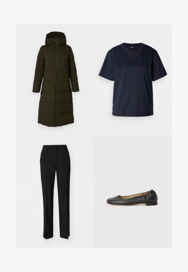 Lang, hættepufferjakke i mørk olivengrøn. Har en frontlynlås, sidelommer og kviltet mønster for isolering. Glat tekstur.; Marineblå kortærmet t-shirt lavet af blødt bomuld. Har en rund halsudskæring og et diskret broderet logo på brystet.; Sorte skræddersyede bukser med lige ben-design, der har en glat tekstur og skarpe folder langs fronten. Ingen synlige hardware.; Sorte læder balletflade sko med en afrundet tå og minimal syning. Lav, rektangulær hæl og glat tekstur. Subtle detaljer i indersiden.