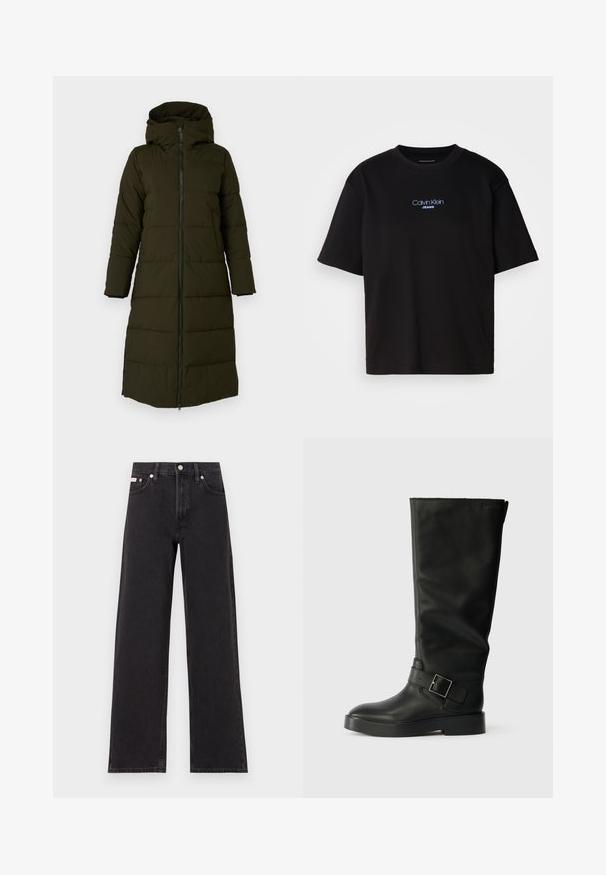 Dlouhý, kapucí opatřený péřový kabát v tmavě olivově zelené barvě. Obsahuje přední zip, boční kapsy a prošívaný vzor pro izolaci. Hladký povrch.; Černé bavlněné tričko s kulatým výstřihem a krátkými rukávy, s modrou vyšitou nášivkou "Calvin Klein JEANS" na přední straně.; Černé široké jeansy vyrobené z denimu, s vysokým pasem, pěti kapsami a kovovým zapínáním s kontrastním prošíváním.; Černé kozačky do výšky kolen vyrobené z hladké kůže, s kulatou špičkou, silnou podešev a vodorovným popruhem se čtvercovou sponou.